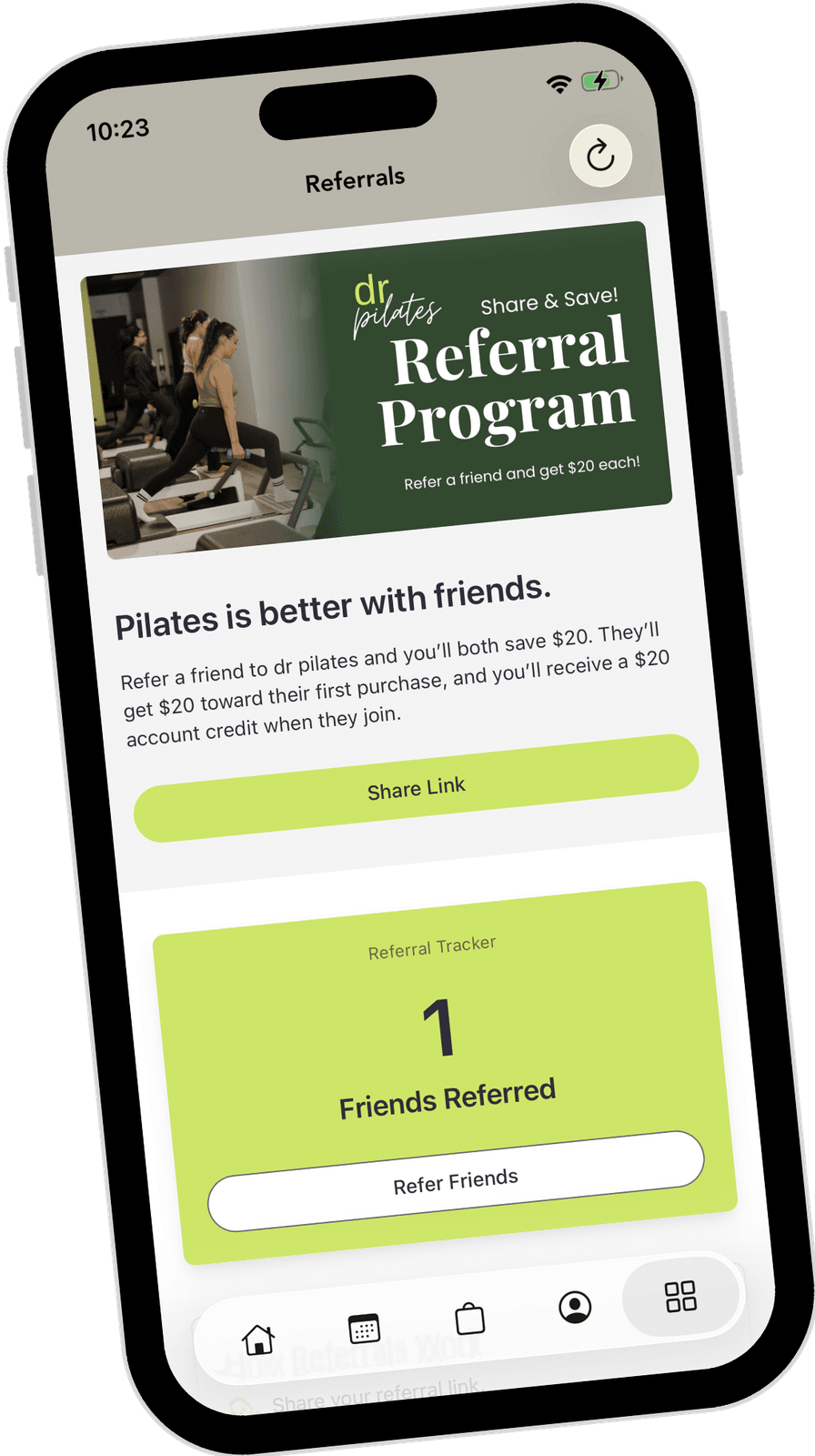 The Referrals screen in the dr pilates app, with the Share Link button and the referral tracker